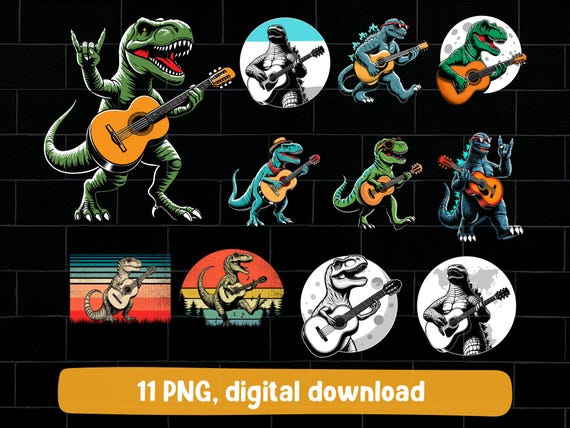 Dinosaur playing classic guitar png bundle, T-Rex playing guitar png, dinosaur guitarist png, guitarist trex png bundle