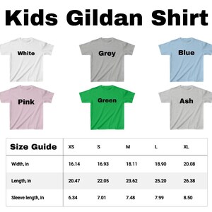 May include: Size chart for kids Gildan t-shirts in various colors, including white, grey, blue, pink, green, and ash. The chart shows measurements in inches for width, length, and sleeve length for sizes XS, S, M, L, and XL.