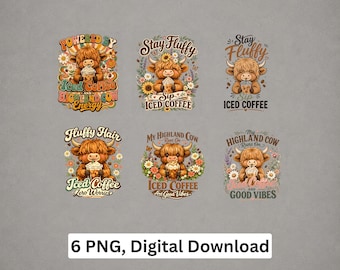 Highland Cow iced Coffee PNG Bundle Sublimation Cricut Printable Digital Download