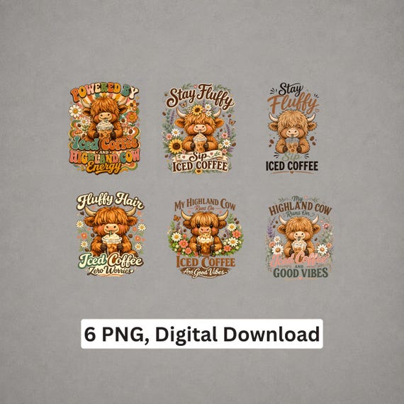 Highland Cow iced Coffee PNG Bundle Sublimation Cricut Printable Digital Download