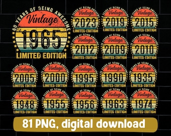Retro Vintage Birthday PNG Bundle: All Years, Distressed Design (Digital Download)