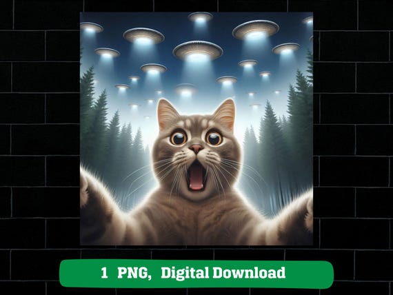 Cat selfie with UFO PNG: surprised cat alien design (digital download)