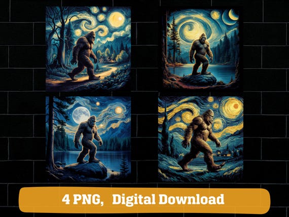 Bigfoot starry night van Gogh png bundle, sasquatch van Gogh starry night bigfoot png, bigfoot nature van Gogh starry night png