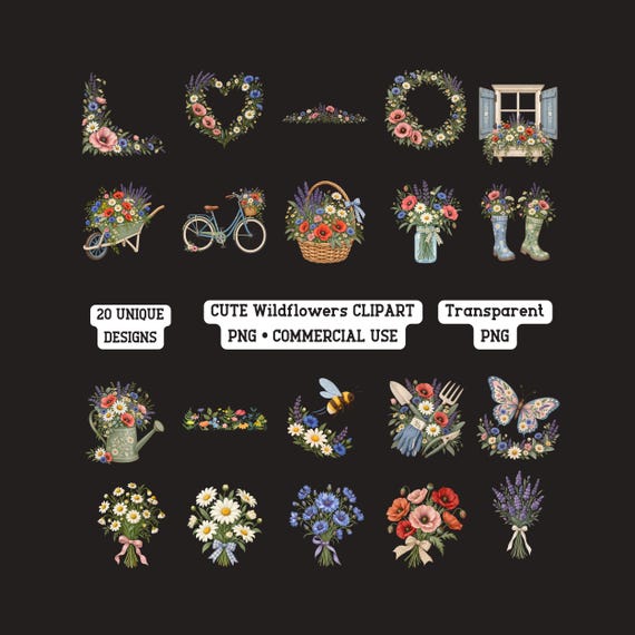 Wildflower PNG Bundle 20 Cottage Garden Floral Clipart Digital Download