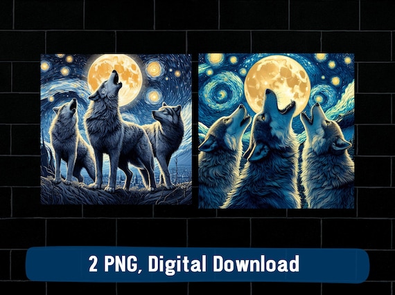 Three wolves howling at the moon Van Gogh starry night PNG: wolf art design (digital download)