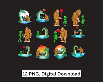 Bigfoot Loch Ness Monster Alien Love valentine day png bundle Cricut Printable Digital Download