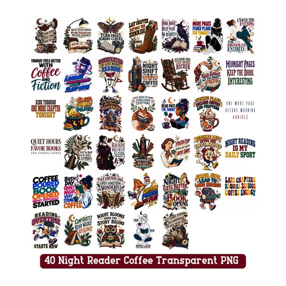 Night Reader Coffee PNG Bundle 40 Book Lover Sublimation Designs