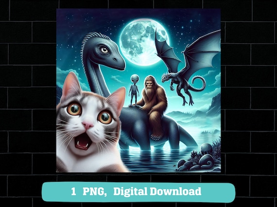 Cat selfie alien dragon bigfoot riding loch Ness png: (digital download)