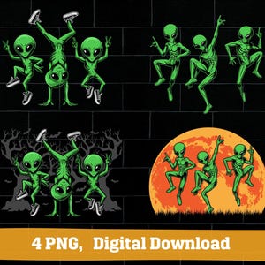 May include: Four digital PNG images showing green cartoon aliens in different poses. Some are doing handstands, others are dancing, and some are giving peace signs. The background is a black brick wall.