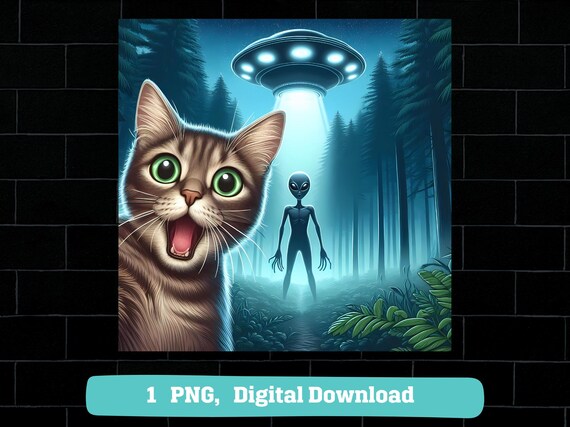 Cat selfie alien UFO PNG, (Digital Download)