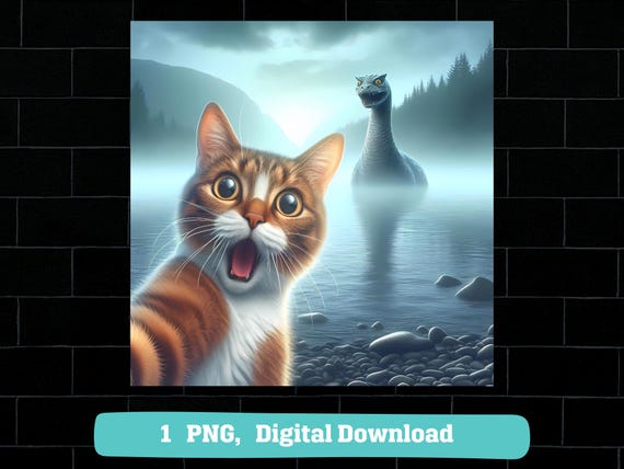 Cat selfie loch Ness PNG: surprised cat with Nessie monster design (digital download)