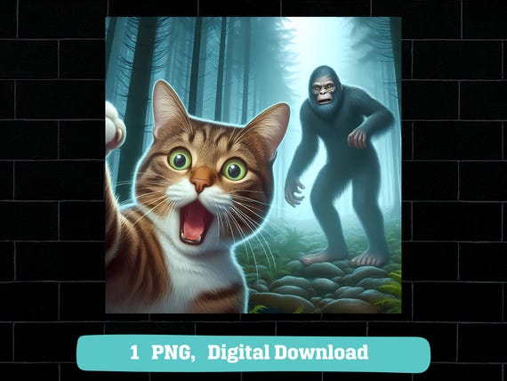 Cat selfie bigfoot PNG: surprised cat with sasquatch design (digital download)