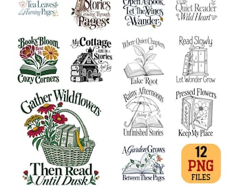 Cottagecore Book Lover PNG Bundle minimalist Floral Reading Quotes Digital Download