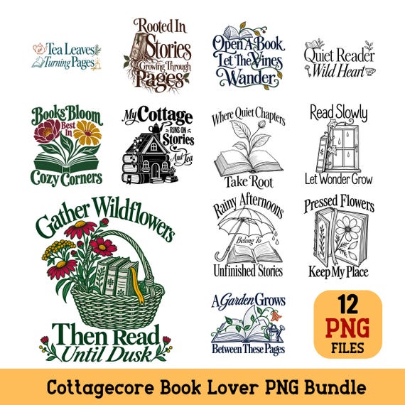 Cottagecore Book Lover PNG Bundle minimalist Floral Reading Quotes Digital Download