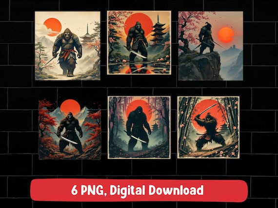 Bigfoot Samurai Japan PNG Cherry Blossom Art, Sasquatch Warrior Katana Oriental Clipart for Sublimation