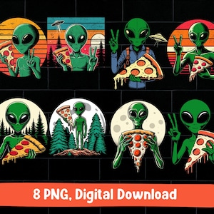 May include: A collection of eight digital PNG images featuring green aliens holding pizza slices. The aliens are depicted in various poses against sunset, forest, and moon backgrounds. The images have a retro, cartoon style.