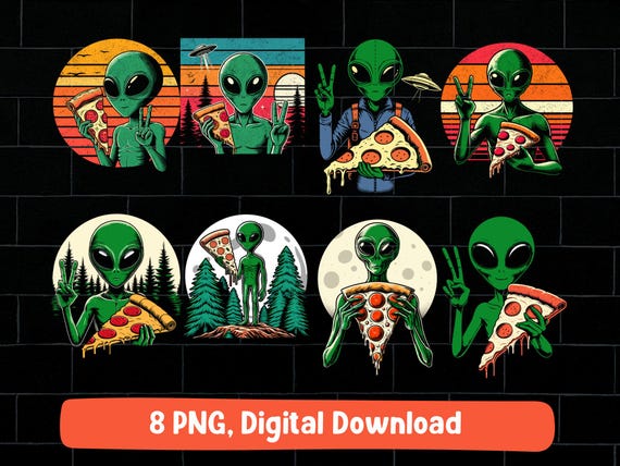 Alien pizza png bundle, cute aliens holding pizza retro vintage design (digital download)