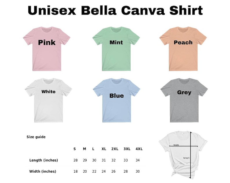 May include: Size chart for unisex Bella + Canvas t-shirts in various colors, including pink, mint, peach, white, grey, and blue. The chart shows the length and width in inches for sizes S through 4XL.