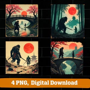 Op de afbeelding: Vier digitale kunstprints met een groot figuur met een zwaard, tegen Japanse landschappen. Elke print toont een rode zon, kersenbloesems en pagodes. De prints zijn gelabeld met "4 PNG, Digital Download."