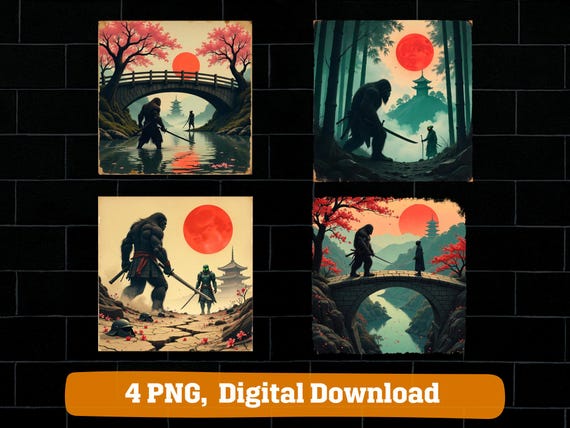 Samurai Bigfoot alien PNG, Futuristic Warrior japanese art blossom digital download