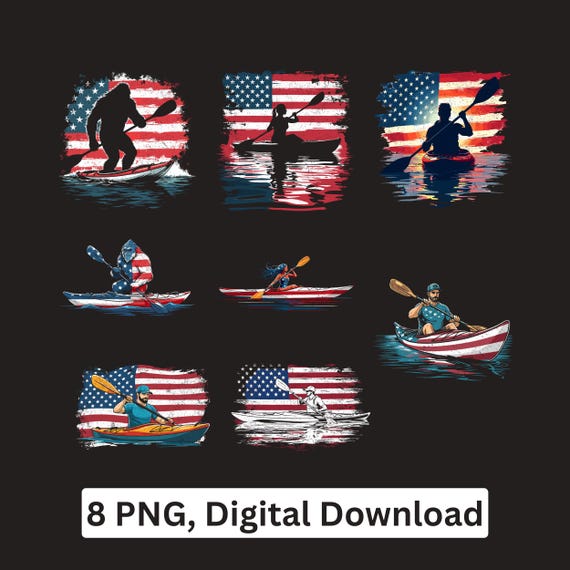 Kayaking American Flag PNG bundle Sublimation Cricut Printable bigfoot Patriotic Kayak Clipart Digital Download