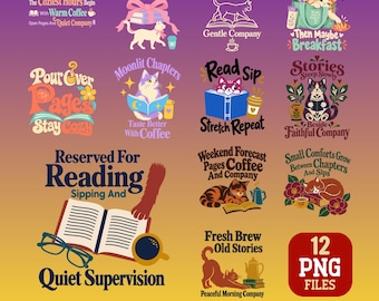 Reading Cats and Coffee PNG Bundle Cozy Book Lover Sublimation Designs