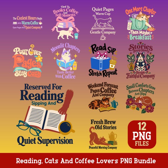 Reading Cats and Coffee PNG Bundle Cozy Book Lover Sublimation Designs