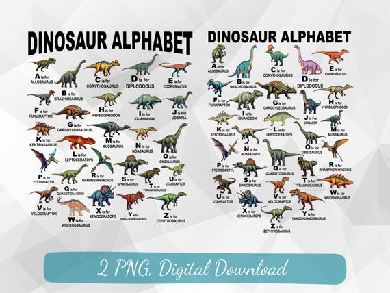 Dinosaur alphabet PNG, types of dinosaurs kids design (digital download)