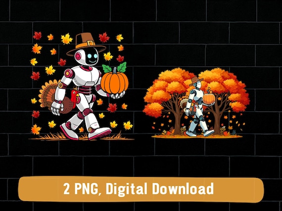 Robot pilgrim png, fall robot thanksgiving png bundle, robot turkey pizza png