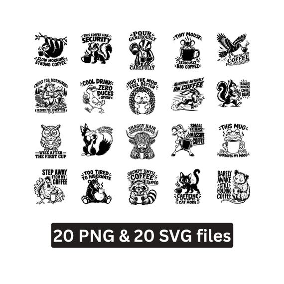 Funny Animal Coffee PNG Bundle 20 Sarcastic Coffee Sublimation Digital Download