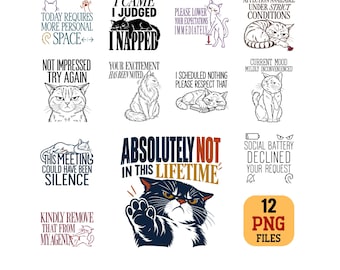 Cat Humor PNG Bundle minimalist Sarcastic Procrastination Quotes Digital Download