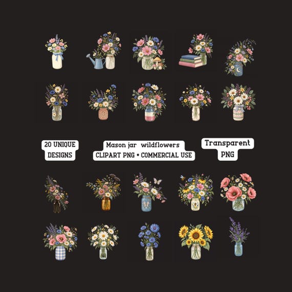 Wildflower Mason Jar PNG Bundle 20 Floral Clipart Designs Digital Download