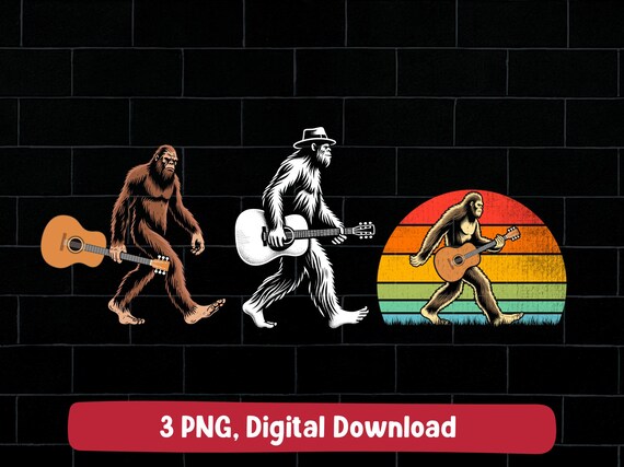 Guitarist bigfoot PNG bundle, sasquatch holding classic guitar design (digital download)