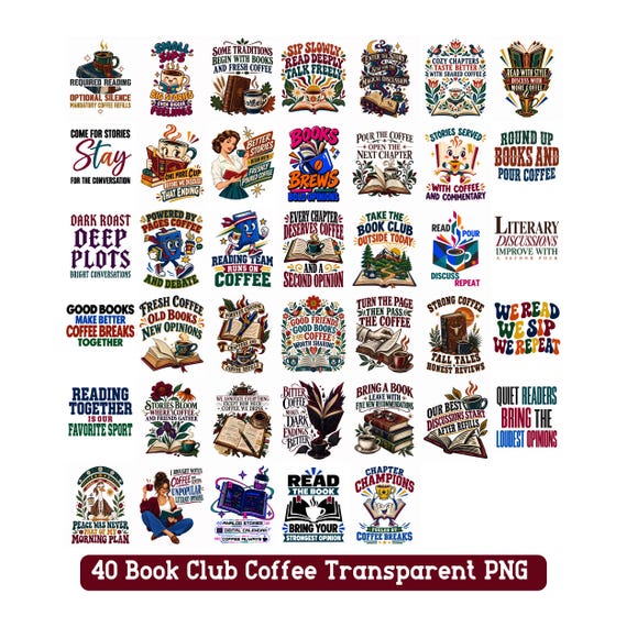 Book Club Coffee PNG Bundle 40 Reading Designs Digital Download