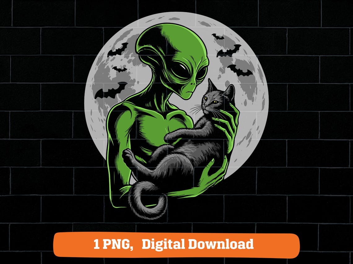 Spooky Alien Holding Black Cat PNG: Halloween Clipart (digital Download ...
