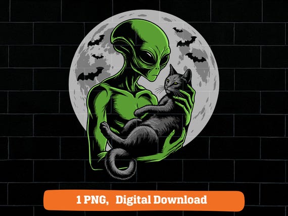 Alien holding cat png, spooky alien holding black cat Halloween png, alien cat Halloween png