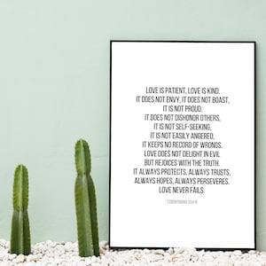 Bijbelvers Home Decor Wall Print Wall Art Wall Decor Print Afdrukbare digitale download - Liefde is geduldig Liefde is vriendelijk 1 Korintiërs 13:4-8