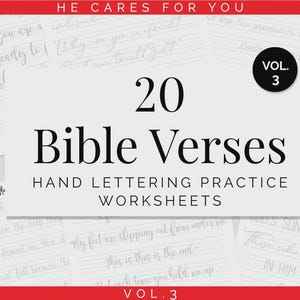 Puede incluir: Un conjunto de hojas de trabajo de práctica de letras a mano con 20 versículos bíblicos. Las hojas de trabajo están diseñadas para practicar caligrafía e incluyen citas inspiradoras. La portada muestra el texto "20 Versículos de la Biblia" y "Hojas de trabajo de práctica de letras a mano."