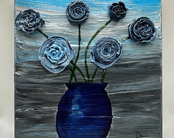 Moody Blue Roses and Ranunculus 3D Heavy Body Acrylic Painting