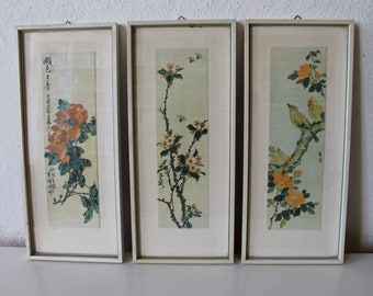 3 Blumenbilder, chinesisch, vintage, mid-century, 60-er-Jahre