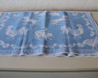 Babydecke, blau, Hähne, vintage, 60-er-Jahre, Plaid, Velourdecke