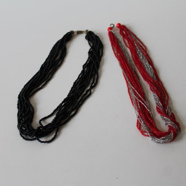 2 Perlenketten, schwarz, rot, mehrlagig, vintage, 70-er-Jahre