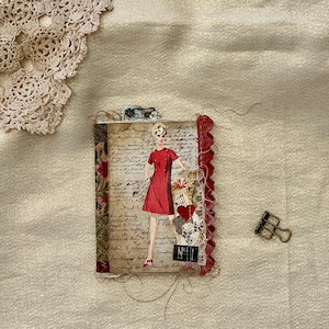 Passport size Handmade junk journal with sewing pattern image and Tim Holtz Idea-ology Dapper Paper Stash cover (9)