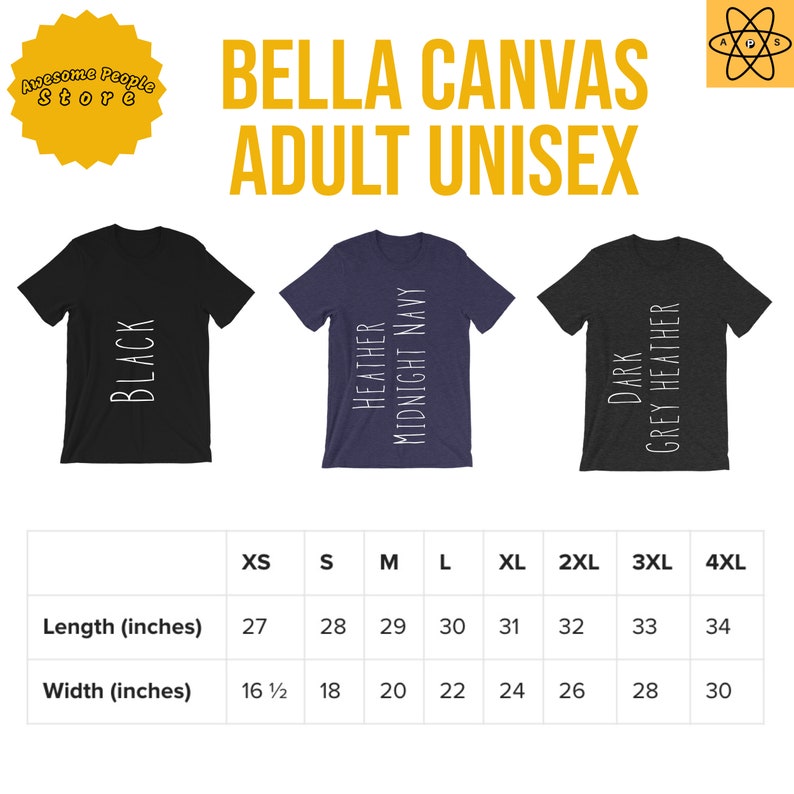 May include: Size chart for Bella Canvas unisex t-shirts in black, heather midnight navy, and dark heather grey. Sizes range from XS to 4XL with measurements in inches for length and width.