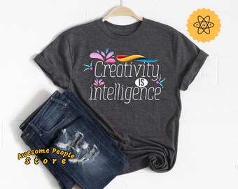 創造性は知性、画家Tシャツ、面白い美術教師、絵筆シャツ、アーティストギフト、アートギフト、画家シャツ、美術教師、アート