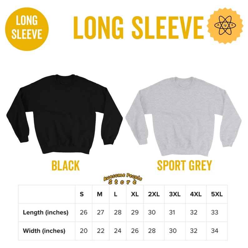 May include: A size chart for long-sleeve sweatshirts in black and sport grey. The chart shows the length and width in inches for sizes S through 5XL.