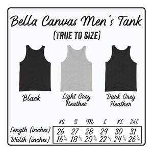 May include: Size chart for a men's tank top in black, light grey heather, and dark grey heather. The chart shows the length and width in inches for sizes XS, S, M, L, XL, and 2XL.