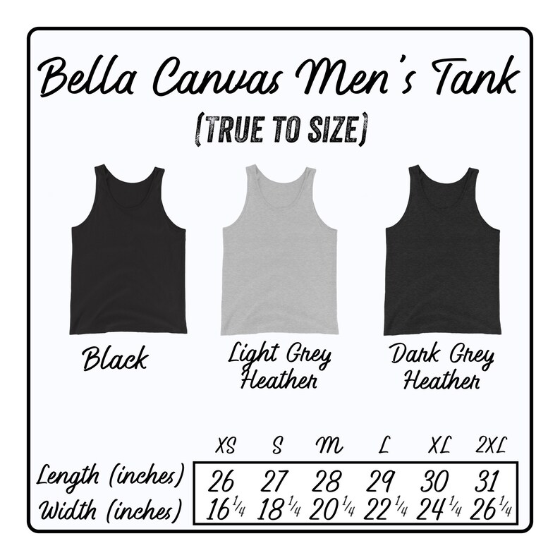 May include: Size chart for a men's tank top in black, light grey heather, and dark grey heather. The chart shows the length and width in inches for sizes XS, S, M, L, XL, and 2XL.