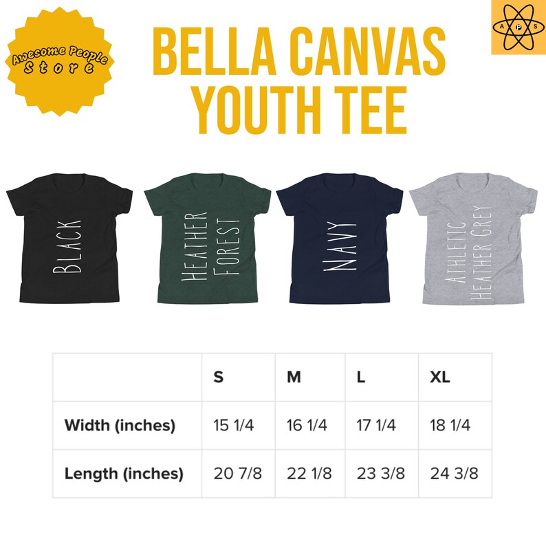 May include: Bella Canvas Youth Tee size chart in black, heather forest green, navy, and athletic heather grey. The chart shows the width and length in inches for sizes S, M, L, and XL.