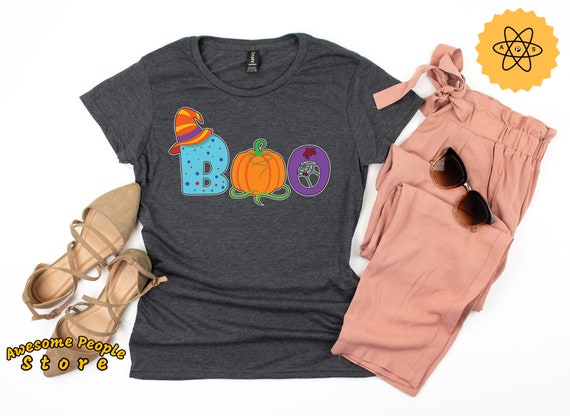 Boo Halloween T-Shirt With Spiders And Witch Hat / Boo Halloween Shirt / Pumpkin T Shirt / Unisex Bodysuit Halloween Shirt / Spider Shirt